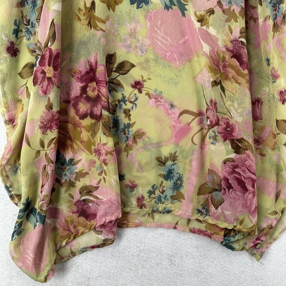 Azura Kimono Blouse Womens One Size Green Pink Floral Pullover Chiffon Cover Up - Picture 4 of 9